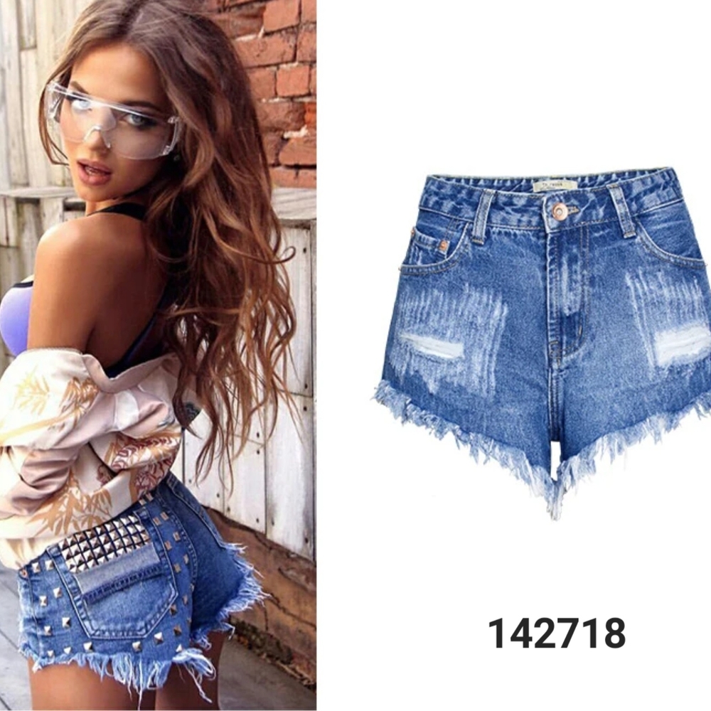 New Denim Distressed Shorts With Studs